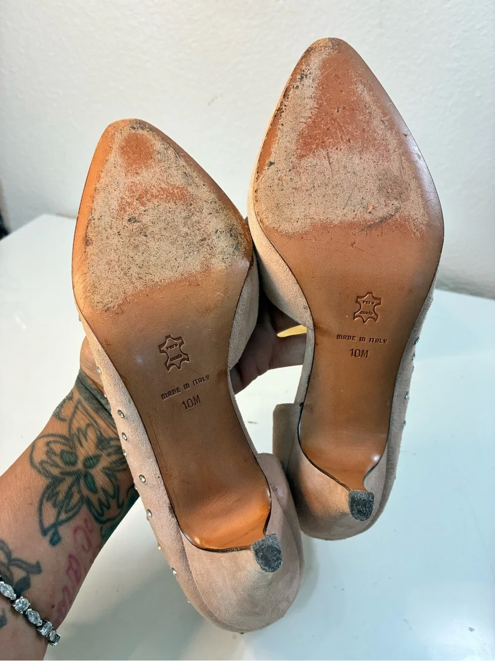 Garolini 10M Women’s Suede Pointed Toe Slip-On Rhinestone Pink Pumps Italy READ